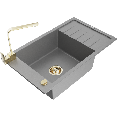 Mexen Elias granite kitchen sink 1-bowl with drainer and Rita kitchen faucet, gray - 6511-71-670300-50