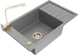 Mexen Elias 1-compartment granite sink with a drip tray and kitchen mixer tap Rita, Grey - 6511-71-670300-50