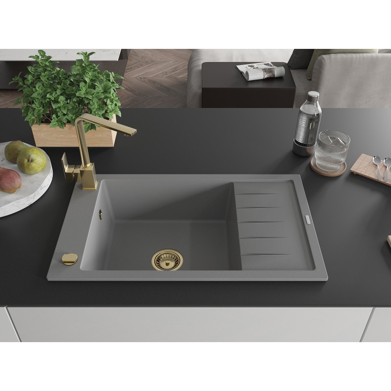 Mexen Elias 1-bowl Granite Sink with Drainer and Kitchen Faucet Rita, Gray - 6511-71-670300-50