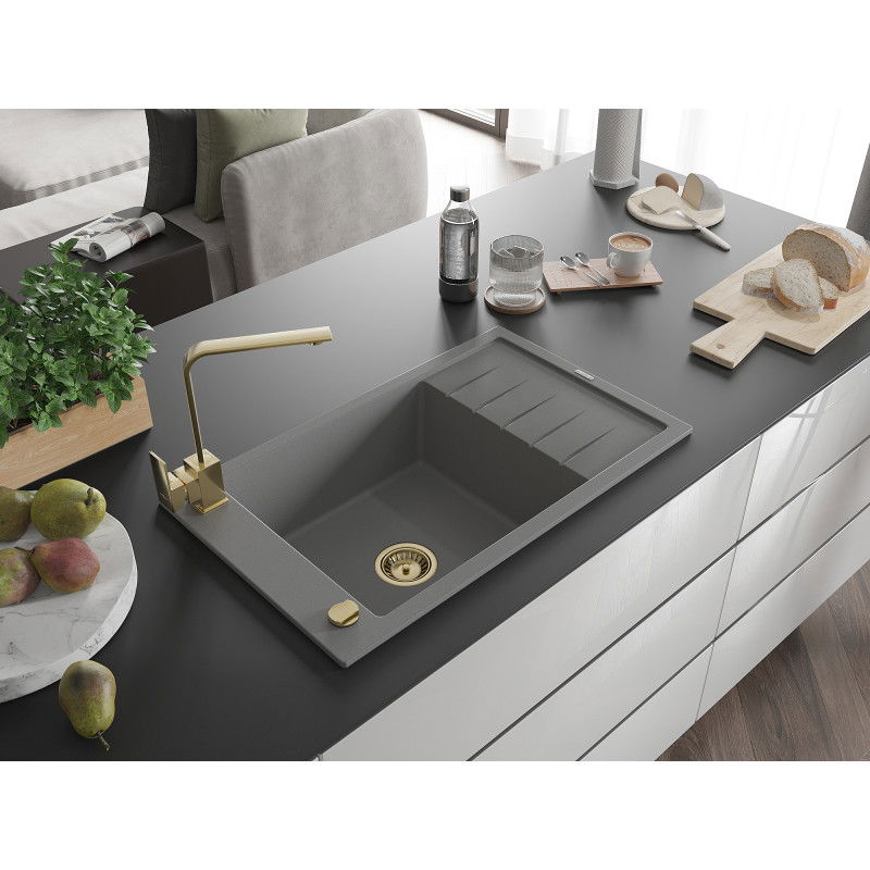 Mexen Elias granite sink 1-bowl with drainer and kitchen tap Rita, grey - 6511-71-670300-50