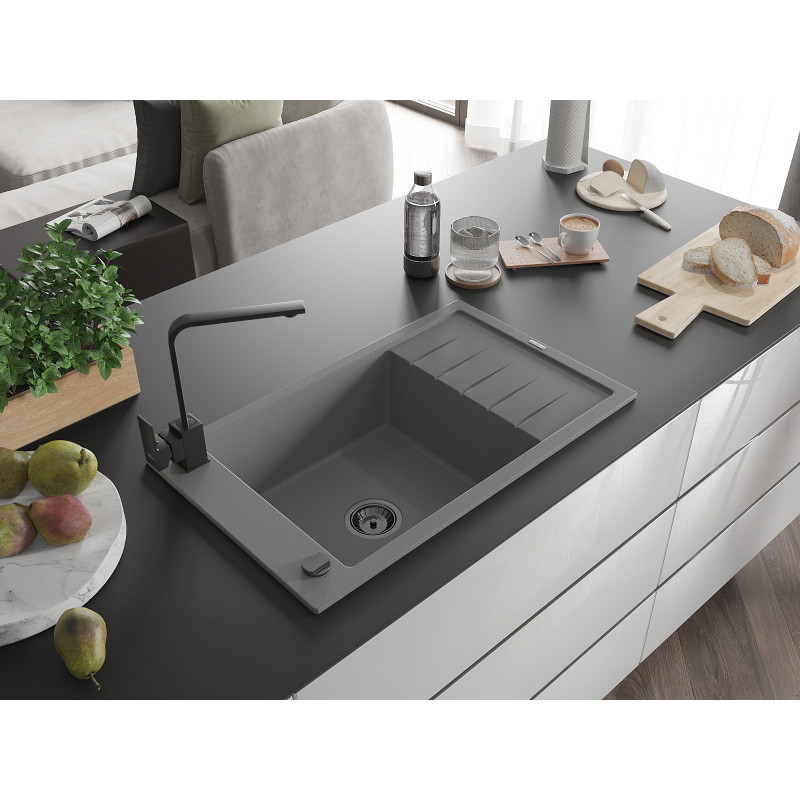 Mexen Elias granite kitchen sink 1-bowl with drainer and kitchen faucet Rita, gray - 6511-71-670300-70-B