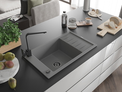 Mexen Elias 1-compartment granite sink with a drip tray and kitchen mixer tap Rita, Grey - 6511-71-670300-70-B