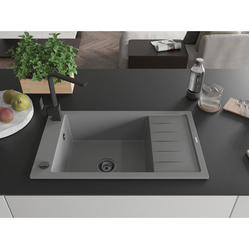 Mexen Elias 1-bowl granite sink with drainer and Rita kitchen tap, grey - 6511-71-670300-70-B