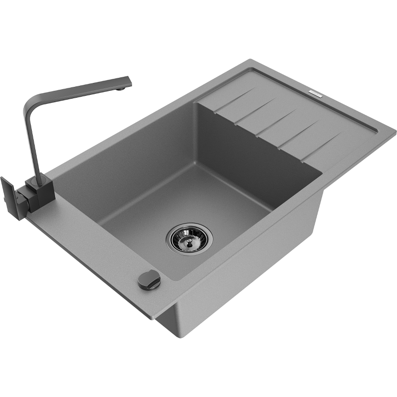 Mexen Elias 1-bowl granite sink with drainer and Rita kitchen tap, grey - 6511-71-670300-70-B