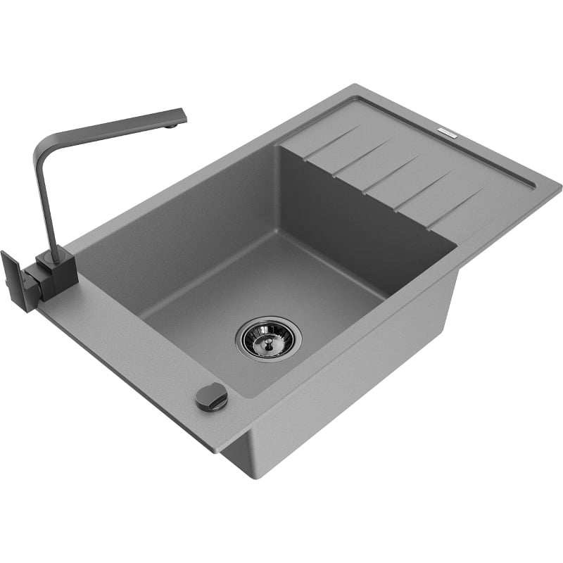 Mexen Elias granite sink 1-bowl with drainer and Rita kitchen faucet, gray - 6511-71-670300-70-B