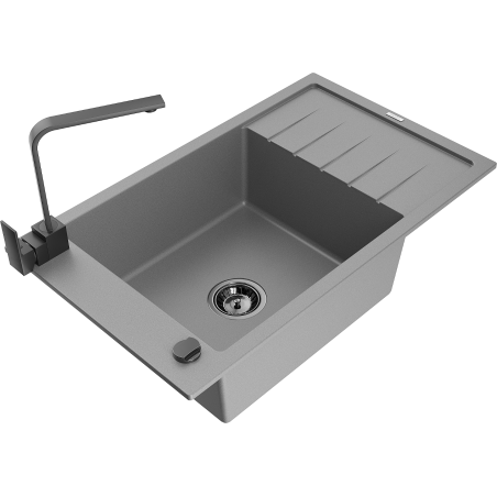 Mexen Elias 1-compartment granite sink with a drip tray and kitchen mixer tap Rita, Grey - 6511-71-670300-70-B