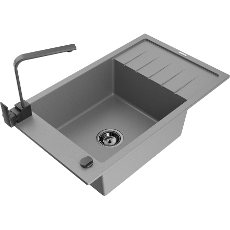 Mexen Elias granite sink 1-bowl with drainer and Rita kitchen faucet, gray - 6511-71-670300-70-B
