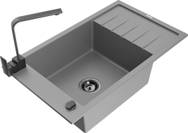 Mexen Elias 1-compartment granite sink with a drip tray and kitchen mixer tap Rita, Grey - 6511-71-670300-70-B
