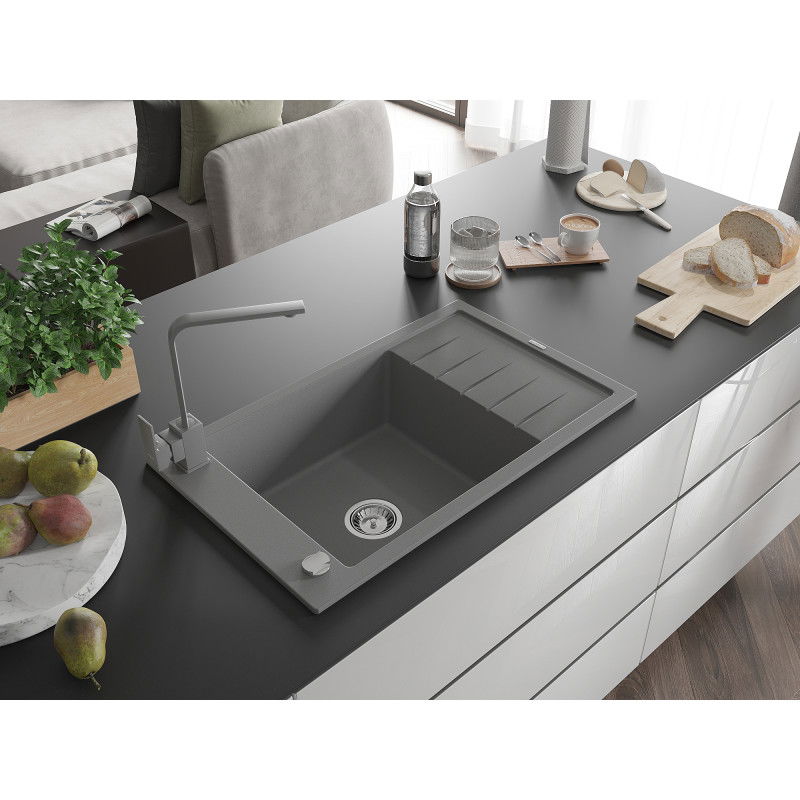 Mexen Elias 1-bowl granite sink with drainer and Rita kitchen tap, grey - 6511-71-670300-71