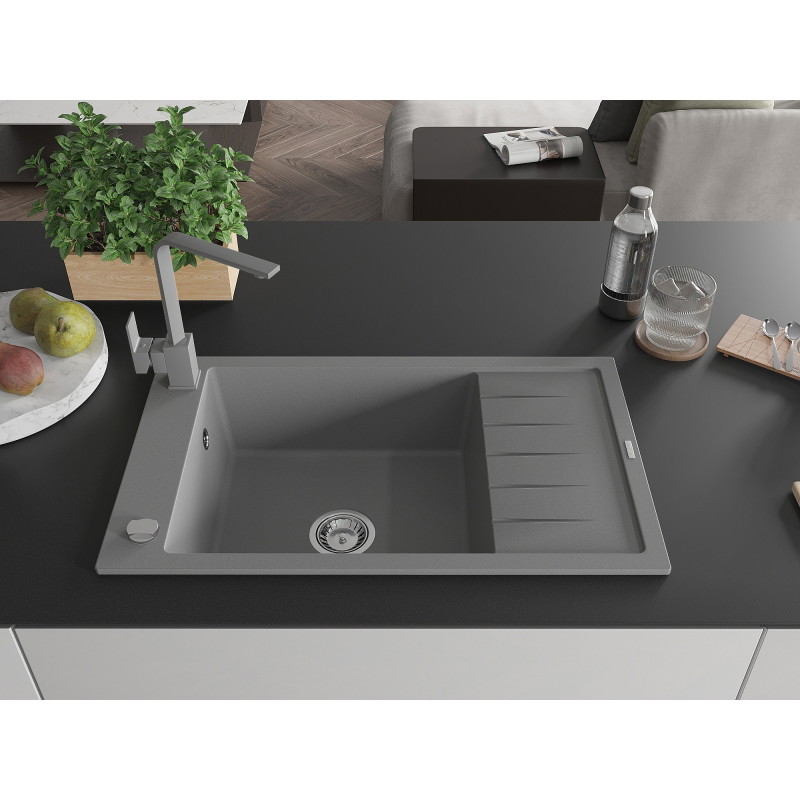 Mexen Elias gray granite 1-bowl sink with drainer and Rita kitchen faucet - 6511-71-670300-71
