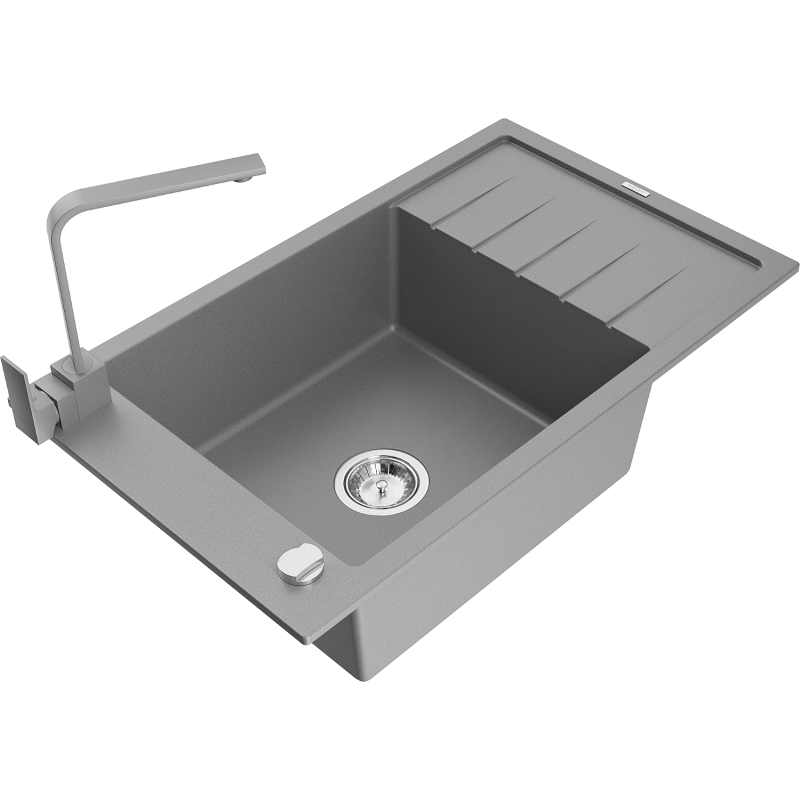 Mexen Elias 1-compartment granite sink with a drip tray and kitchen mixer tap Rita, Grey - 6511-71-670300-71
