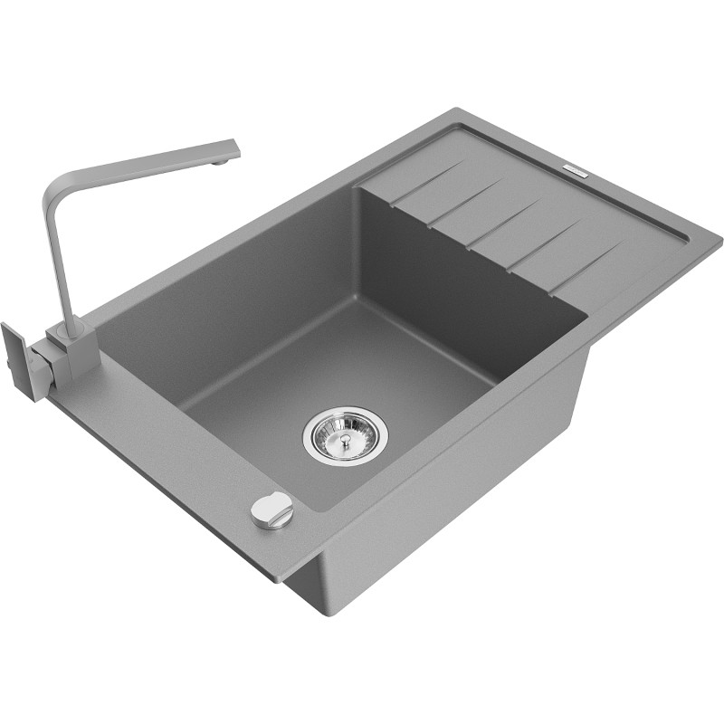 Mexen Elias gray granite 1-bowl sink with drainer and Rita kitchen faucet - 6511-71-670300-71