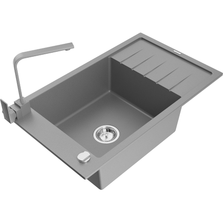Mexen Elias 1-compartment granite sink with a drip tray and kitchen mixer tap Rita, Grey - 6511-71-670300-71