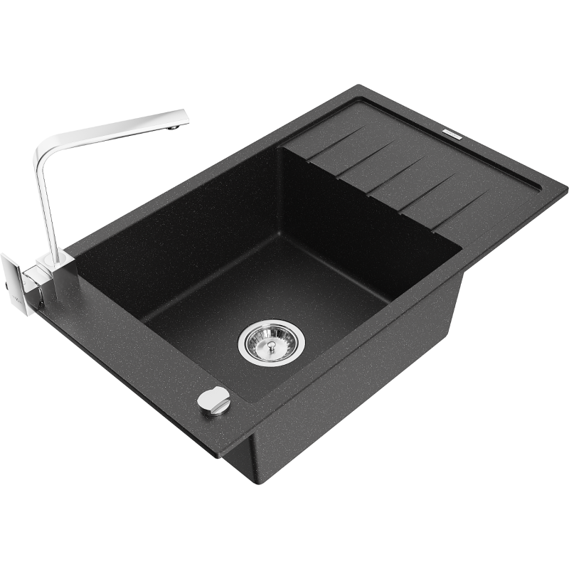 Mexen Elias 1-compartment granite sink with a drip tray and kitchen mixer tap Rita, Black/Silver metallic - 6511-73-670300-00