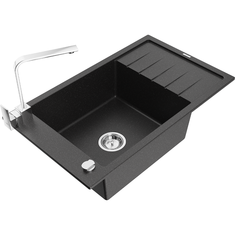Mexen Elias single-bowl granite sink with drainer and Rita kitchen tap, black/silver metallic - 6511-73-670300-00