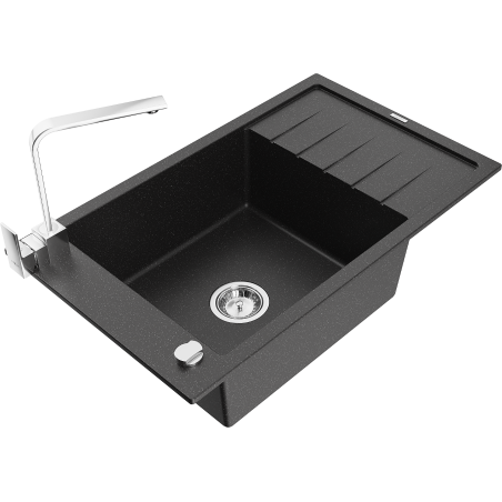 Mexen Elias 1-bowl granite sink with drainer and Rita kitchen faucet, black/silver metallic - 6511-73-670300-00