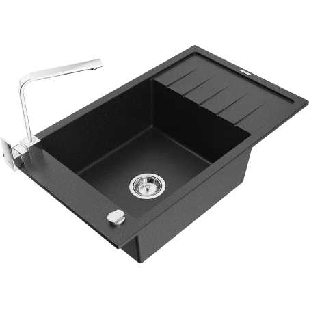 Mexen Elias granite sink single-bowl with drainer and kitchen faucet Rita, black/silver metallic - 6511-73-670300-00