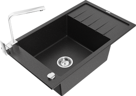 Mexen Elias single-bowl granite sink with drainer and Rita kitchen tap, black/silver metallic - 6511-73-670300-00