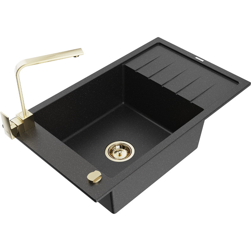 Mexen Elias 1-bowl granite sink with drainer and Rita kitchen faucet, black/silver metallic - 6511-73-670300-50