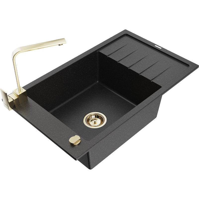 Mexen Elias granite sink 1-bowl with drainer and Rita kitchen tap, black/silver metallic - 6511-73-670300-50