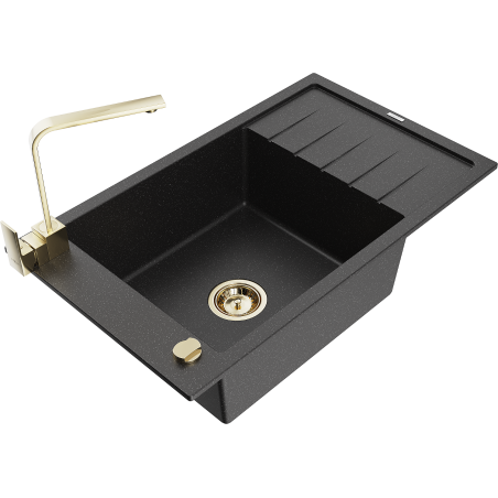 Mexen Elias 1-bowl granite sink with drainer and kitchen faucet Rita, black/silver metallic - 6511-73-670300-50