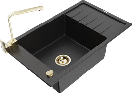 Mexen Elias granite sink 1-bowl with drainer and Rita kitchen tap, black/silver metallic - 6511-73-670300-50