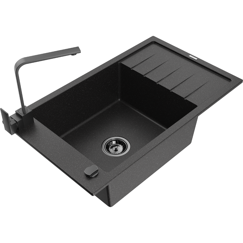 Mexen Elias 1-compartment granite sink with a drip tray and kitchen mixer tap Rita, Black/Silver metallic - 6511-73-670300-70-B