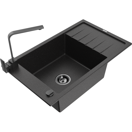 Mexen Elias 1-compartment granite sink with drainer and Rita kitchen faucet, black/silver metallic - 6511-73-670300-70-B