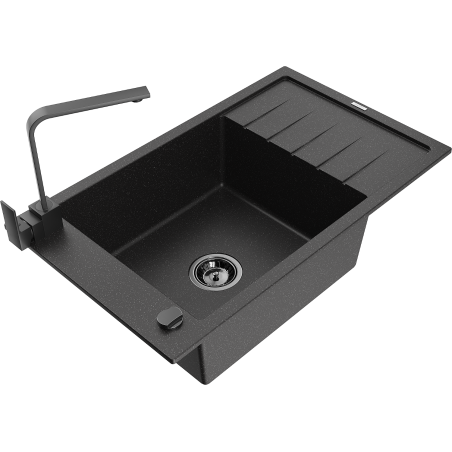 Mexen Elias Granite sink with 1 bowl with drainer and kitchen tap Rita, black/silver metallic - 6511-73-670300-70-B