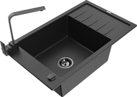 Mexen Elias granite sink 1-bowl with drainer and kitchen tap Rita, black/silver metallic - 6511-73-670300-70-B