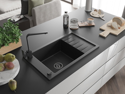 Mexen Elias granite sink 1-bowl with drainer and kitchen tap Rita, black/silver metallic - 6511-73-670300-70-B