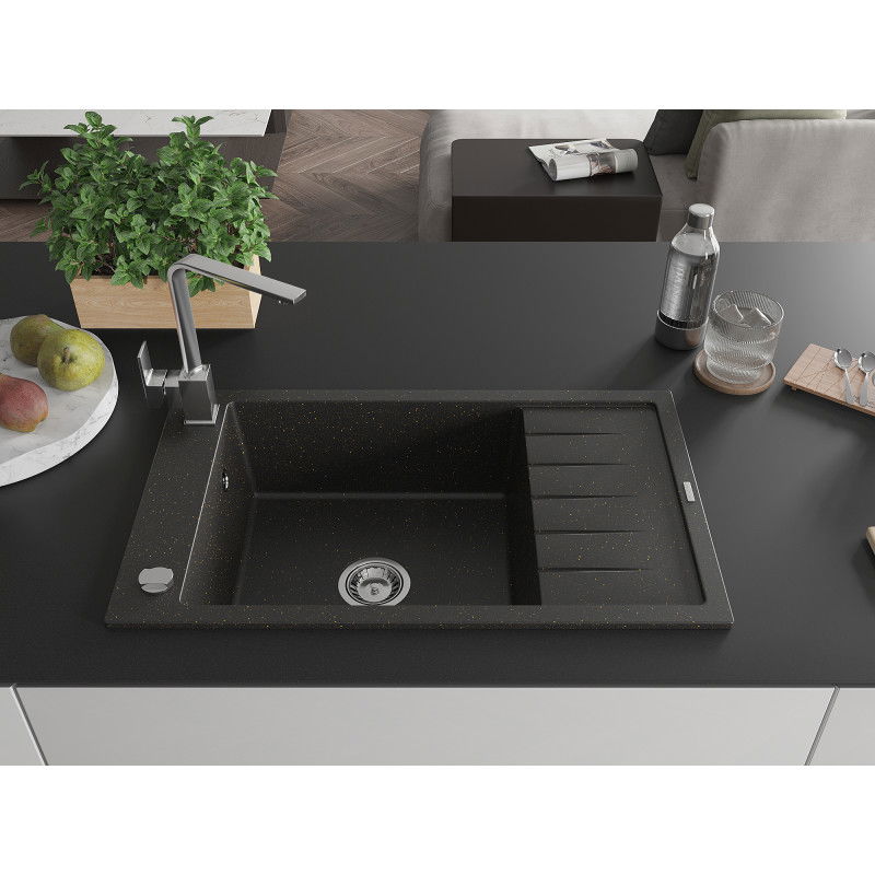 Mexen Elias one-bowl granite sink with drainer and Rita kitchen tap, black/silver metallic - 6511-73-670300-70