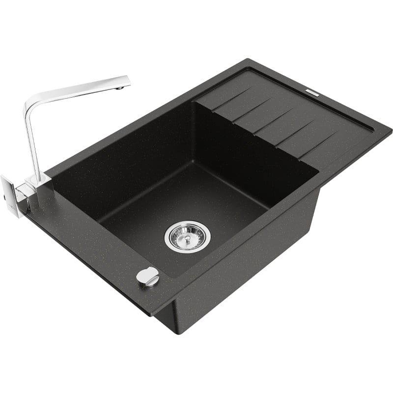 Mexen Elias Single-bowl Granite Sink with Drainer and Kitchen Faucet Rita, Black/Silver Metallic - 6511-73-670300-70
