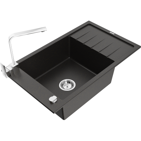 Mexen Elias granite kitchen sink 1-bowl with drainer and kitchen faucet Rita, black/silver metallic - 6511-73-670300-70