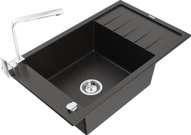 Mexen Elias one-bowl granite sink with drainer and Rita kitchen tap, black/silver metallic - 6511-73-670300-70