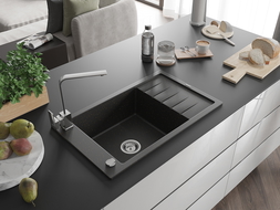 Mexen Elias one-bowl granite sink with drainer and Rita kitchen tap, black/silver metallic - 6511-73-670300-70