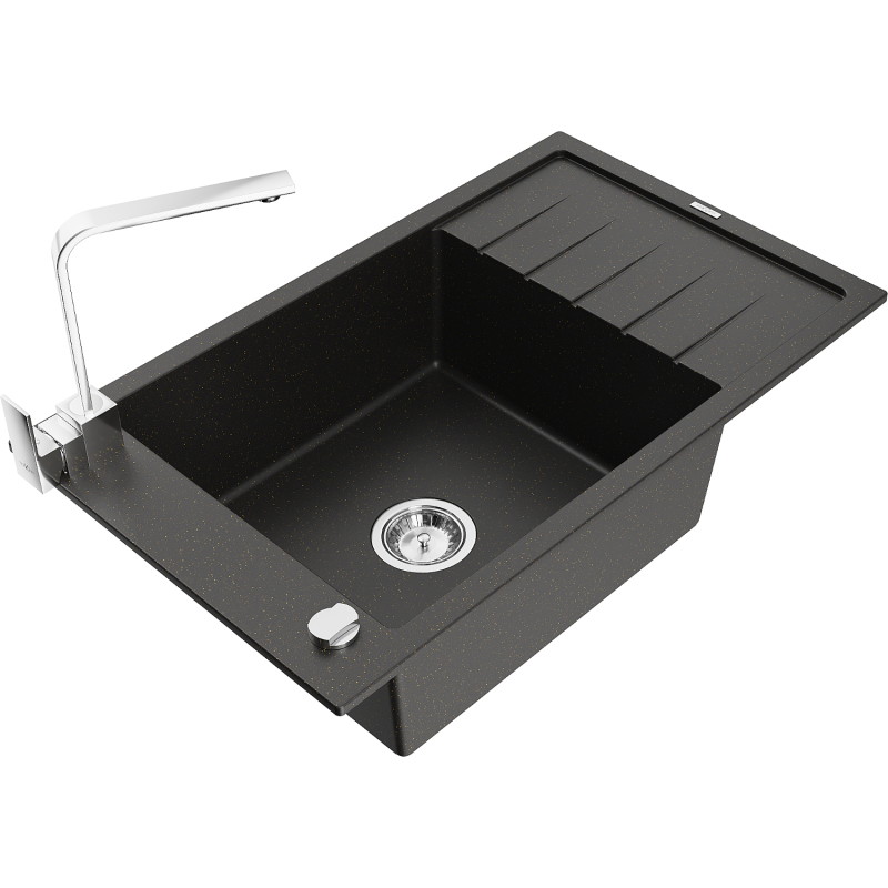 Mexen Elias granite sink 1-bowl with drainer and kitchen faucet Rita, black/gold metallic - 6511-75-670300-00