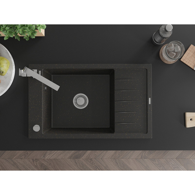 Mexen Elias granite sink 1-bowl with drainer and kitchen faucet Rita, black/gold metallic - 6511-75-670300-00