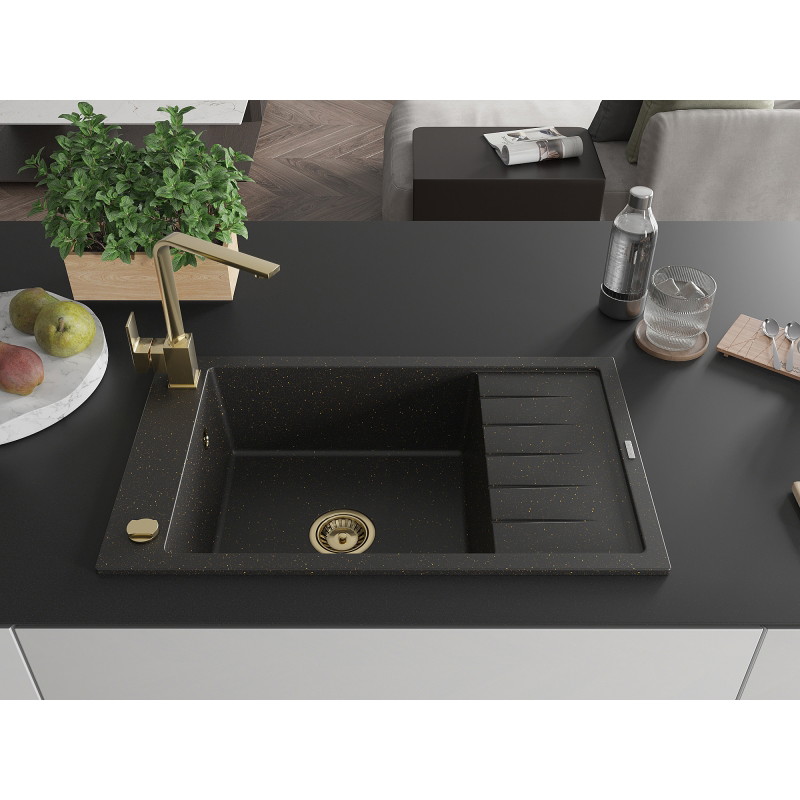 Mexen Elias granite sink 1-bowl with drainer and kitchen faucet Rita, black/gold metallic - 6511-75-670300-50