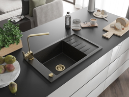 Mexen Elias granite sink 1-bowl with drainer and Rita kitchen tap, black/gold metallic - 6511-75-670300-50