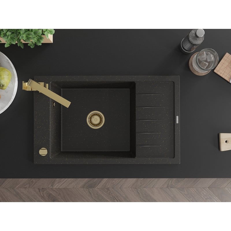 Mexen Elias granite sink 1-bowl with drainer and kitchen faucet Rita, black/gold metallic - 6511-75-670300-50