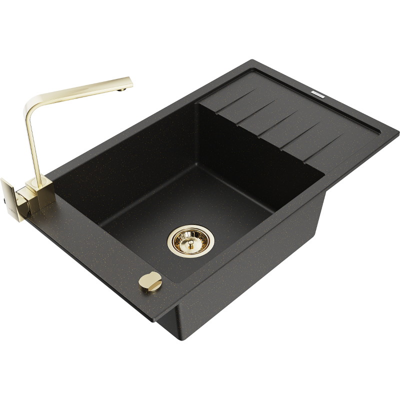 Mexen Elias granite sink 1-bowl with drainer and kitchen faucet Rita, black/gold metallic - 6511-75-670300-50