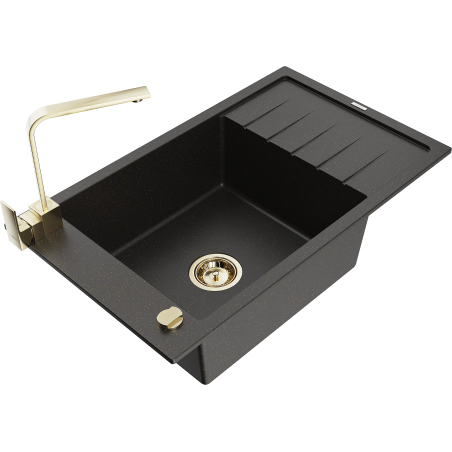 Mexen Elias granite sink 1-bowl with drainer and kitchen faucet Rita, black/gold metallic - 6511-75-670300-50