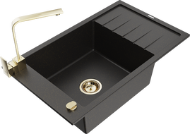 Mexen Elias granite sink 1-bowl with drainer and kitchen faucet Rita, black/gold metallic - 6511-75-670300-50