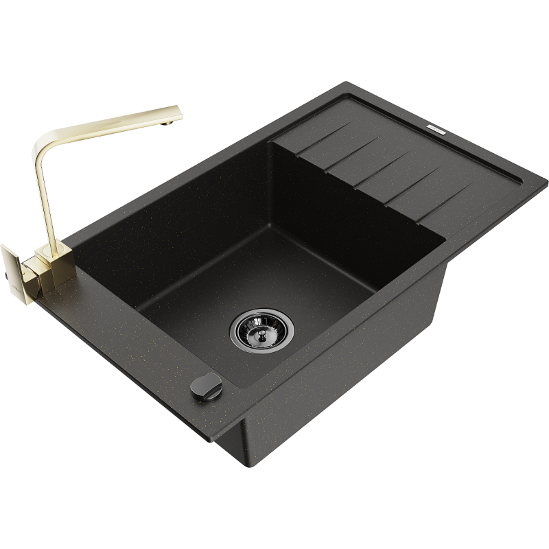 Mexen Elias 1-bowl granite sink with drainer and Rita kitchen tap, black/gold metallic - 6511-75-670300-50-B