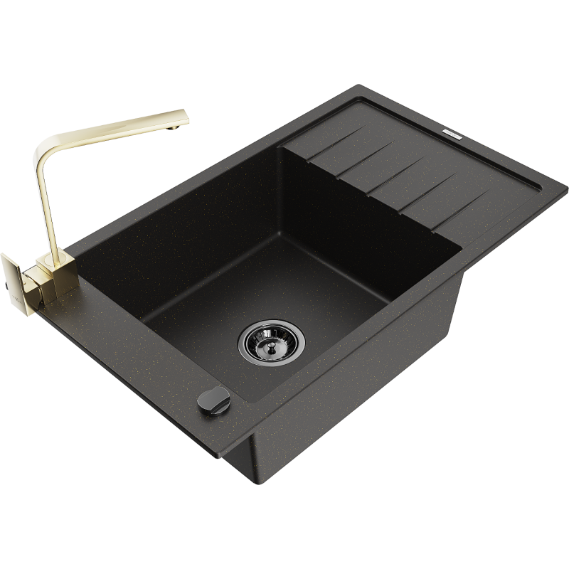 Mexen Elias 1-compartment granite sink with a drip tray and kitchen mixer tap Rita, Black/Gold metallic - 6511-75-670300-50-B