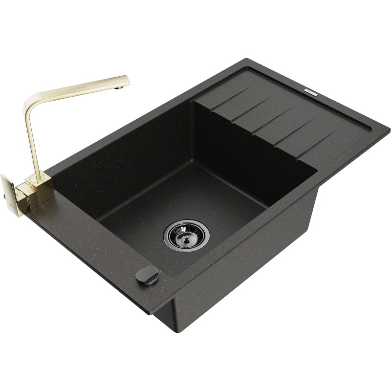 Mexen Elias granite kitchen sink 1-chamber with drainer and kitchen faucet Rita, black/gold metallic - 6511-75-670300-50-B