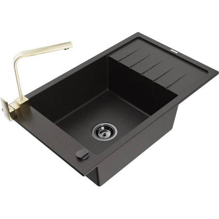Mexen Elias 1-bowl granite sink with drainer and Rita kitchen tap, black/gold metallic - 6511-75-670300-50-B