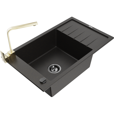 Mexen Elias 1-compartment granite sink with a drip tray and kitchen mixer tap Rita, Black/Gold metallic - 6511-75-670300-50-B