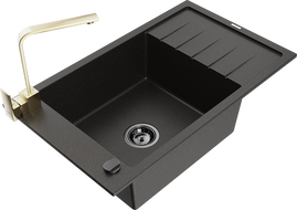 Mexen Elias 1-bowl granite sink with drainer and Rita kitchen tap, black/gold metallic - 6511-75-670300-50-B